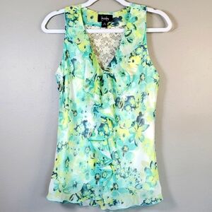by&by Women's Floral Ruffle, Sleeveless Top - Green and Yellow W/ Lace Back. Med